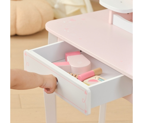 VIGA Duża Toaletka Drewniana Biało-Różowa z Lustrem i Krzesełkiem