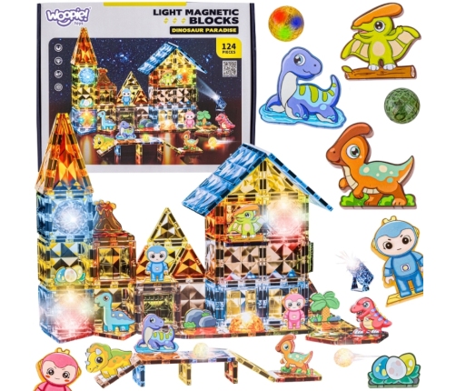 WOOPIE Klocki Magnetyczne Konstrukcyjne Świecące 3D Park Dinozaurów 124el.