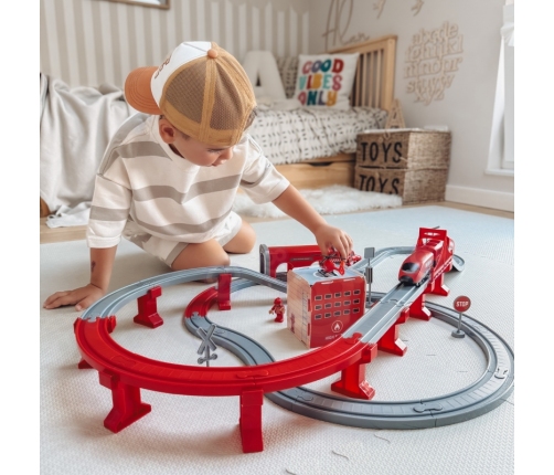 WOOPIE Kolejka Elektryczna Tor Samochodowy Straż Helikopter Auta 92 el.