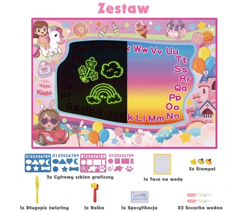 WOOPIE Mata Wodna do Malowania 2w1 XXL 100x70cm Świeci w Ciemności