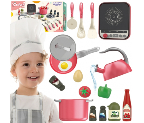 WOOPIE Zestaw Małego Kucharza Indukcja Garnki Patelnia Czajnik Różowy 30el.