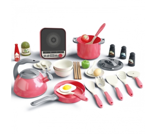 WOOPIE Zestaw Małego Kucharza Indukcja Garnki Patelnia Czajnik Różowy 30el.
