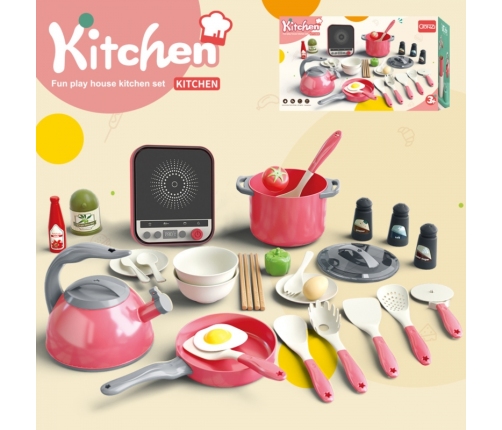 WOOPIE Zestaw Małego Kucharza Indukcja Garnki Patelnia Czajnik Różowy 30el.