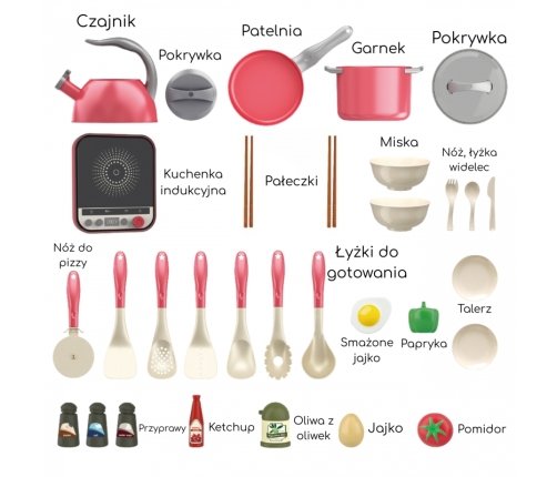 WOOPIE Zestaw Małego Kucharza Indukcja Garnki Patelnia Czajnik Różowy 30el.