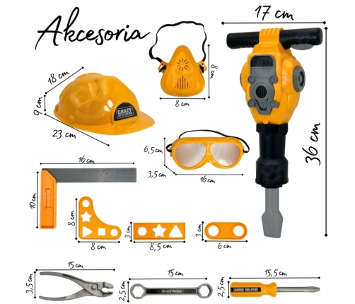 WOOPIE Zestaw Narzędzi Małego Majsterkowicza Gogle Kask Młot Pneumatyczny 21el.