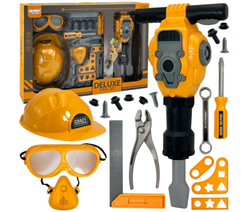WOOPIE Zestaw Narzędzi Małego Majsterkowicza Gogle Kask Młot Pneumatyczny 21el.