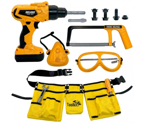 WOOPIE Zestaw Narzędzi Małego Majsterkowicza Gogle Wkrętarka Pas Na Narzędzia 16el.