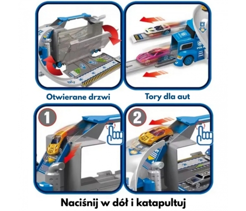 WOOPIE Zestaw Ciężarówka Policyjna Laweta Garaż Tor Wyścigowy
