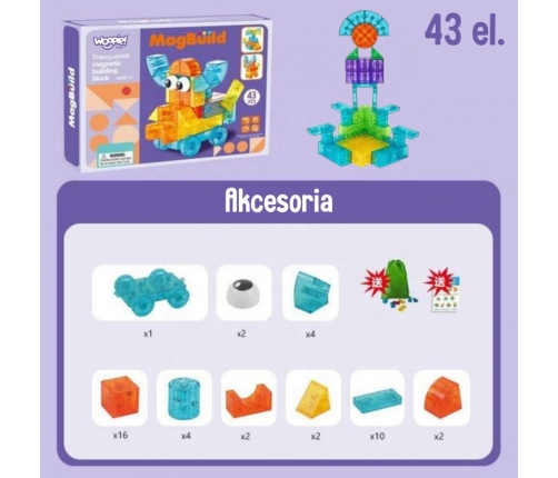 WOOPIE Przezroczyste Magnetyczne Klocki Konstrukcyjne 43 el.