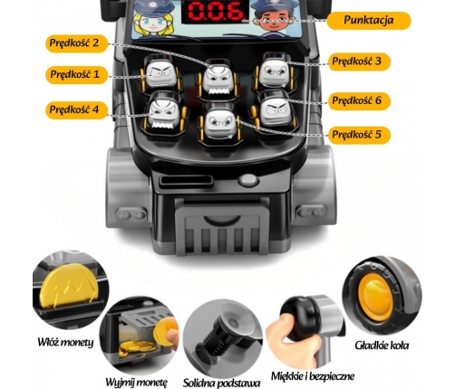 WOOPIE Gra Zręcznościowa Uderz Młotkiem Wbijak Wóz Policyjny z Akcesoriami