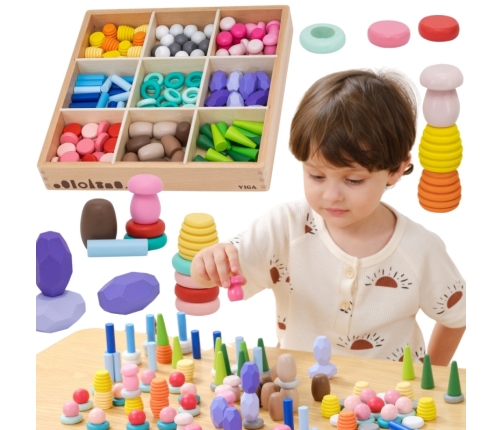 VIGA Klocki Drewniane Edukacyjne Układanka Montesori 58el