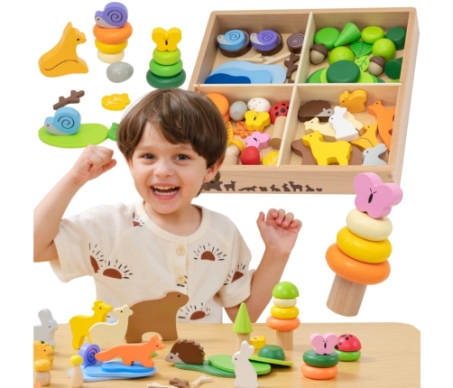 VIGA Drewniane Klocki Kolorowe Leśne Opowieści Pudełko 58el.