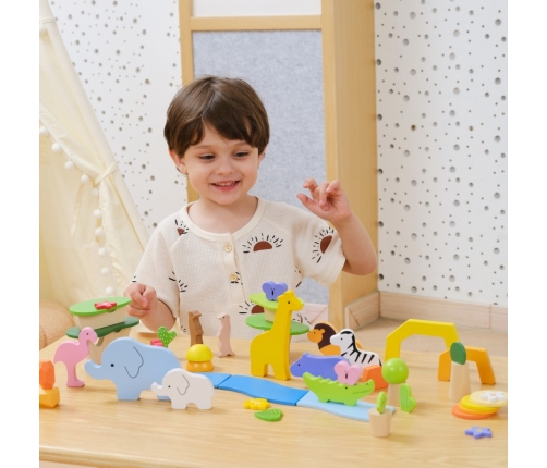 VIGA Drewniane Klocki Kolorowe Opowieści Tropikalne Pudełko 55el.