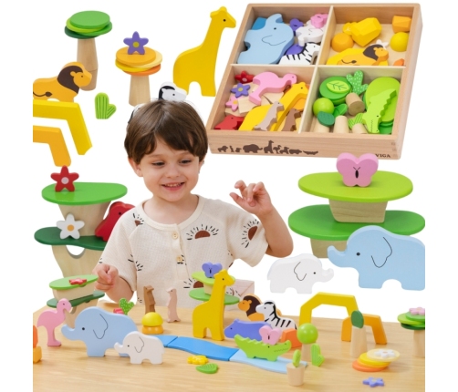 VIGA Drewniane Klocki Kolorowe Opowieści Tropikalne Pudełko 55el.