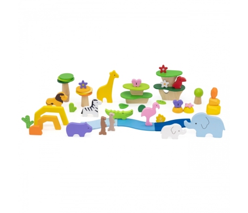 VIGA Drewniane Klocki Kolorowe Opowieści Tropikalne Pudełko 55el.