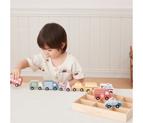 VIGA Drewniany Zestaw Kolorowych Pojazdów Miejskich 9szt.