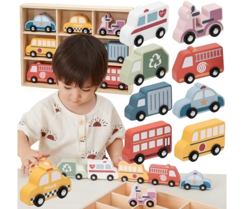 VIGA Drewniany Zestaw Kolorowych Pojazdów Miejskich 9szt.