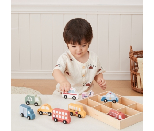 VIGA Drewniany Zestaw Kolorowych Pojazdów Miejskich 9szt.