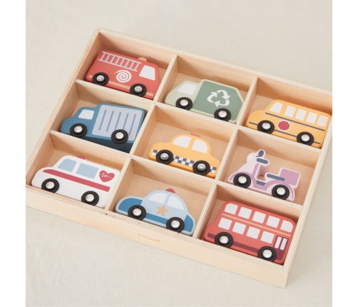VIGA Drewniany Zestaw Kolorowych Pojazdów Miejskich 9szt.