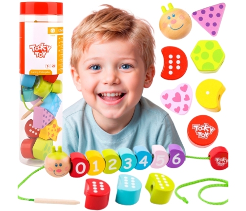 TOOKY TOY Drewniane Klocki do Nawlekania Gąsienica Nauka Liczenia 20 el.