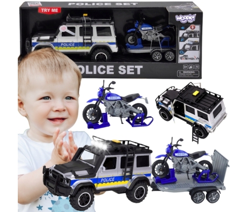 WOOPIE Zestaw Samochód Terenowy Policyjny z Przyczepą na Motocykl
