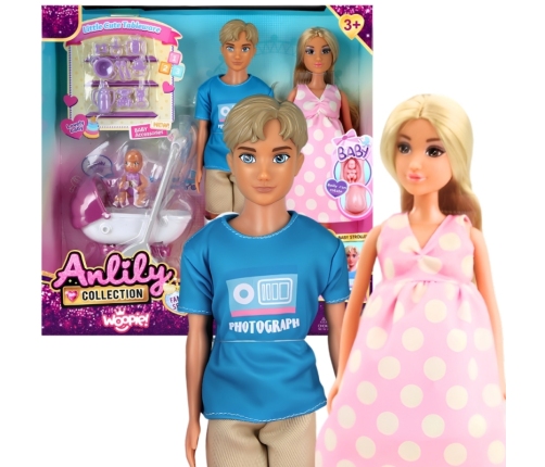 WOOPIE ROYAL Zestaw Lalek Rodzina Lily w Ciąży Tata Niemowlak Wózek Akcesoria