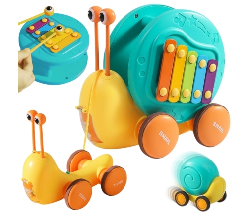 WOOPIE Ślimak do Ciągnięcia 4w1 Cymbałki Zębatki Sensoryczne Wyrzutnia + Małe Autko