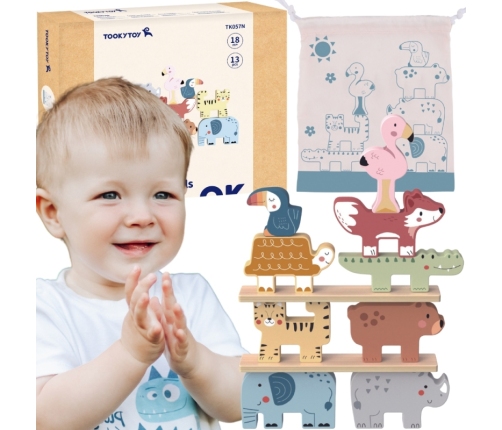 TOOKY TOY Drewniane Klocki Układanka Zwierzątka Montessori 9 el.