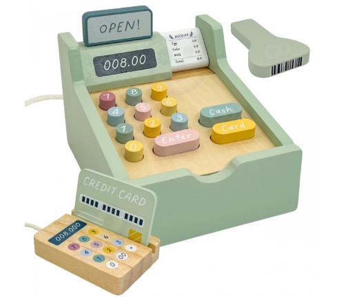 WOOPIE GREEN Drewniana Kasa Sklepowa Edukacyjna z Akcesoriami 23 el. FSC
