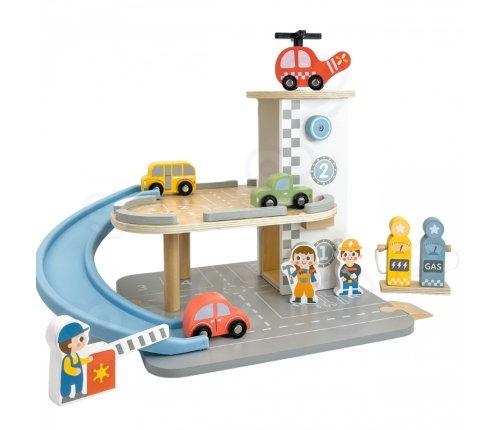 WOOPIE GREEN Drewniany Parking Piętrowy 2w1 Stacja Benzynowa z Autkami i Figurkami 12 el. FSC