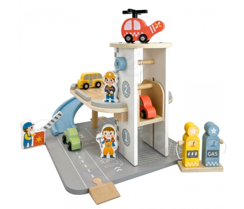 WOOPIE GREEN Drewniany Parking Piętrowy 2w1 Stacja Benzynowa z Autkami i Figurkami 12 el. FSC