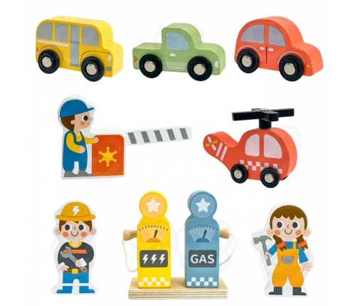 WOOPIE GREEN Drewniany Parking Piętrowy 2w1 Stacja Benzynowa z Autkami i Figurkami 12 el. FSC