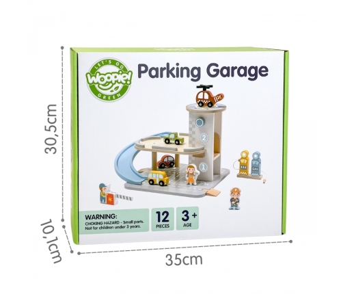 WOOPIE GREEN Drewniany Parking Piętrowy 2w1 Stacja Benzynowa z Autkami i Figurkami 12 el. FSC
