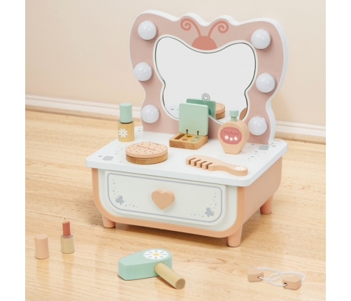 TOOKY TOY Drewniana Toaletka Motyl Akcesoria Lustro z Oświetleniem LED + Kosmetyki