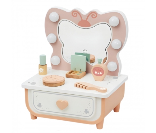 TOOKY TOY Drewniana Toaletka Motyl Akcesoria Lustro z Oświetleniem LED + Kosmetyki