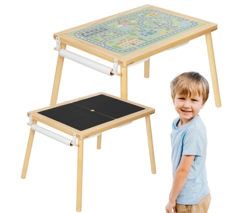 WOOPIE GREEN Drewniany Stolik Aktywności 4w1 Tablica Kredowa Pojemniki Mapa Miasta Papier Rysunkowy