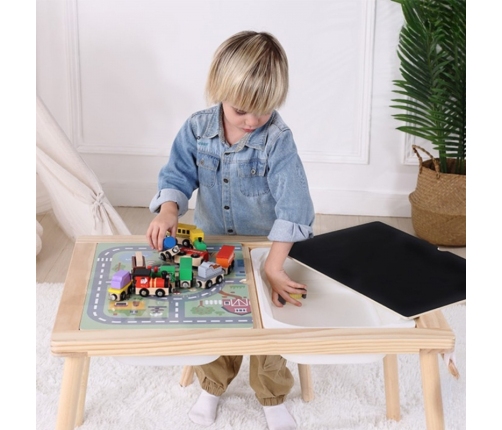 WOOPIE GREEN Drewniany Stolik Aktywności 4w1 Tablica Kredowa Pojemniki Mapa Miasta Papier Rysunkowy