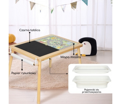 WOOPIE GREEN Drewniany Stolik Aktywności 4w1 Tablica Kredowa Pojemniki Mapa Miasta Papier Rysunkowy