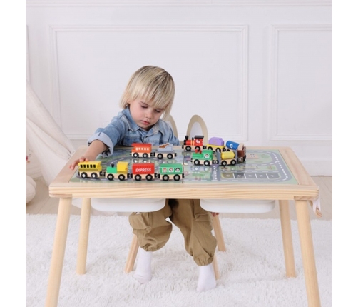 WOOPIE GREEN Drewniany Stolik Aktywności 4w1 Tablica Kredowa Pojemniki Mapa Miasta Papier Rysunkowy