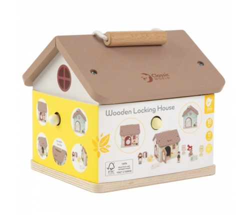 CLASSIC WORLD Drewniany Domek Sensoryczny Edukacyjny z Zamkami Kluczykami 11el.