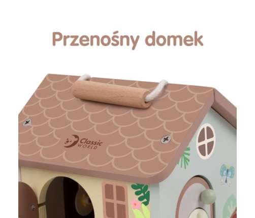 CLASSIC WORLD Drewniany Domek Sensoryczny Edukacyjny z Zamkami Kluczykami 11el.