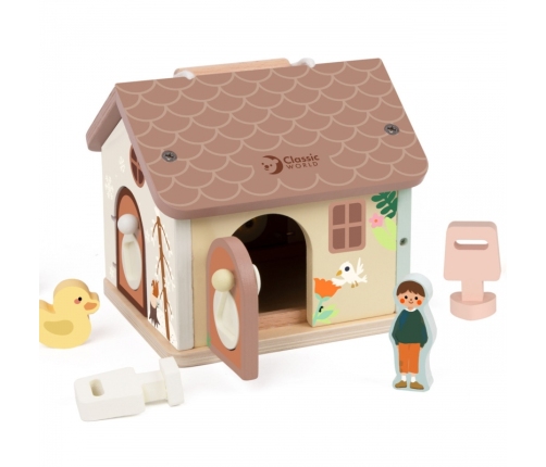 CLASSIC WORLD Drewniany Domek Sensoryczny Edukacyjny z Zamkami Kluczykami 11el.