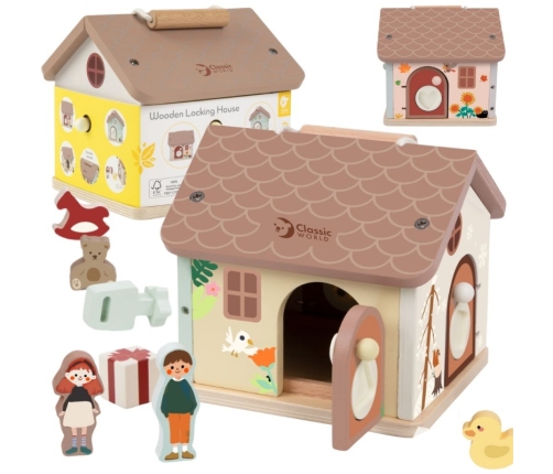 CLASSIC WORLD Drewniany Domek Sensoryczny Edukacyjny z Zamkami Kluczykami 11el.