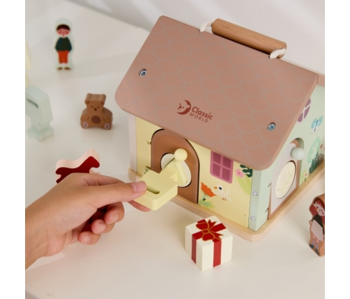 CLASSIC WORLD Drewniany Domek Sensoryczny Edukacyjny z Zamkami Kluczykami 11el.