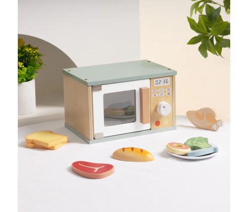 TOOKY TOY Drewniana Kuchenka Mikrofalowa Zestaw Produktów Spożywczych