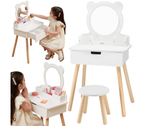 VIGA Duża Toaletka Drewniana Biała z Lustrem i Krzesełkiem