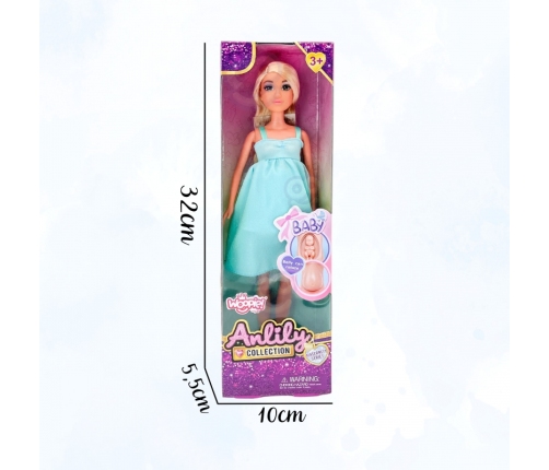 WOOPIE ROYAL Lalka Lily z Brzuszkiem w Ciąży Niemowlak Błękitna Sukienka