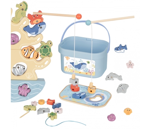 TOOKY TOY Drewniany Zestaw Morskich Zabawek Wieża Balansująca Łowienie Ryb Figurki 23 Elementy