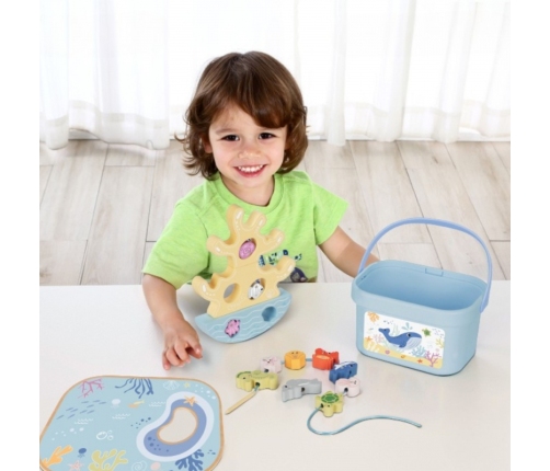 TOOKY TOY Drewniany Zestaw Morskich Zabawek Wieża Balansująca Łowienie Ryb Figurki 23 Elementy