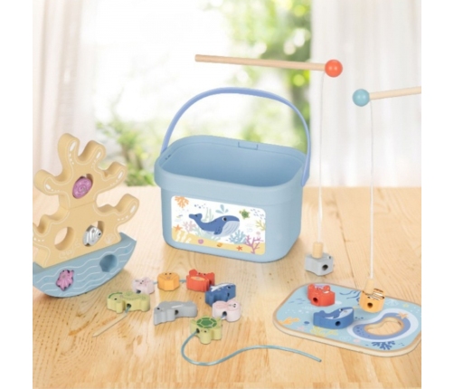 TOOKY TOY Drewniany Zestaw Morskich Zabawek Wieża Balansująca Łowienie Ryb Figurki 23 Elementy